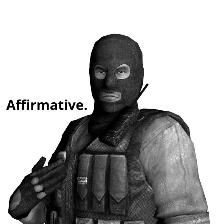 a Counter-Strike Source Phoenix Connexion operative doing the robert downey jr commenting pose, with the text "Affirmative." beside it.
