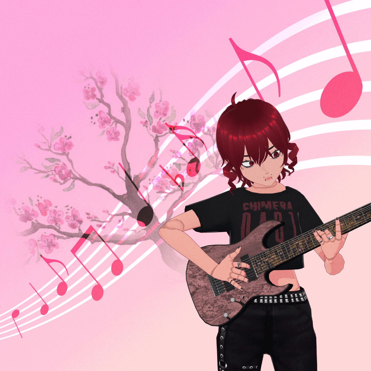 Teto plays her 8-string guitar in fingerstyle. Musical notes stream past her as a cherry tree fades into existence, visually depicting the pretty music she is playing.