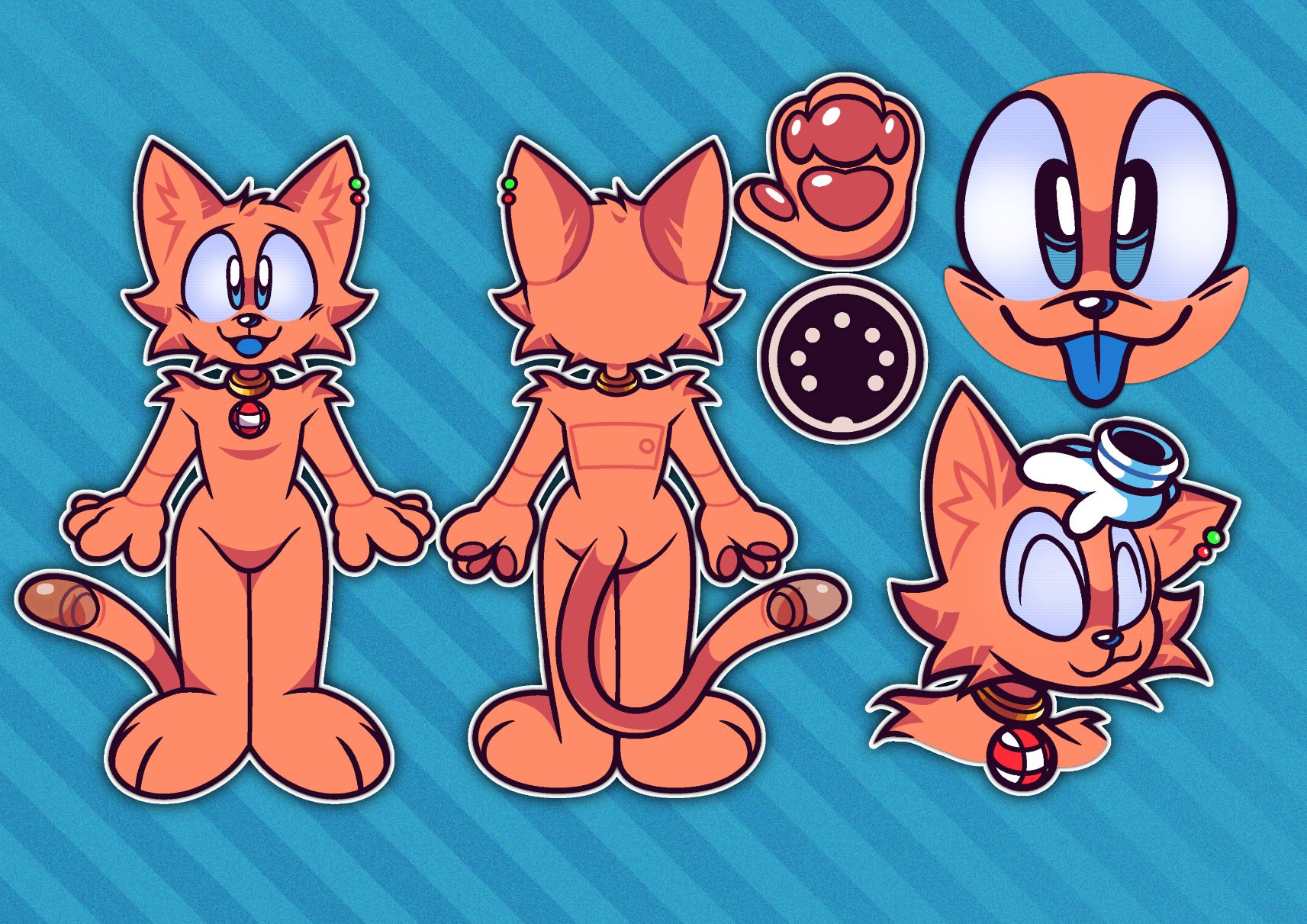 A collection of cartoon-style drawings of an anthropomorphic orange cat-like creature with light blue screen eyes, a set of two LEDs on one of the ears (one green and one red), a golden collar with a red and white checkered ball attached, and a translucent, similarly colored part at the end of the tail. There are shots of it facing the viewer with a happy expression, facing away with its back towards the viewer revealing a discrete panel, facing close-up with its blue tongue out, and being patted by a disembodied hand while smiling with its eye displays depicting a pair of closed eyes.