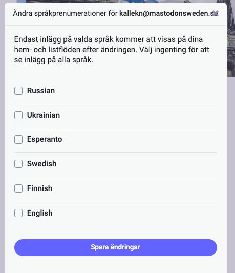 Meny för språkfiltrering  i Mastodon BirdUI med sex valbara språk.