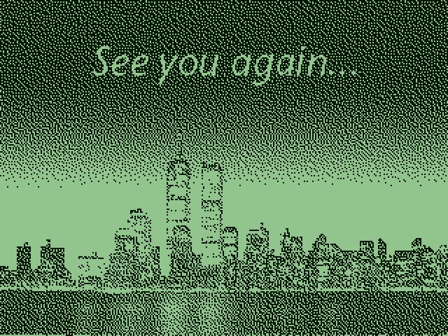 Casio Caleid "See you again..." screen, extracted from ROM. Features a megapolis photo with twin towers