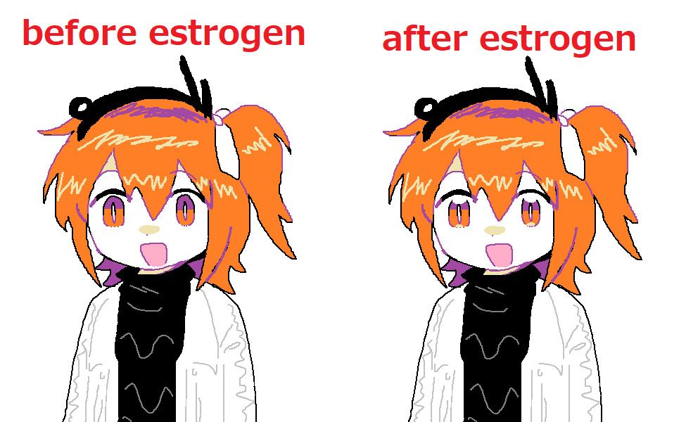 two ms-paint style drawings of adachi rei looking chipper, the left one says "before estrogen" the right one says "after estrogen". they look nearly identical except the right one has a glint in its eyes