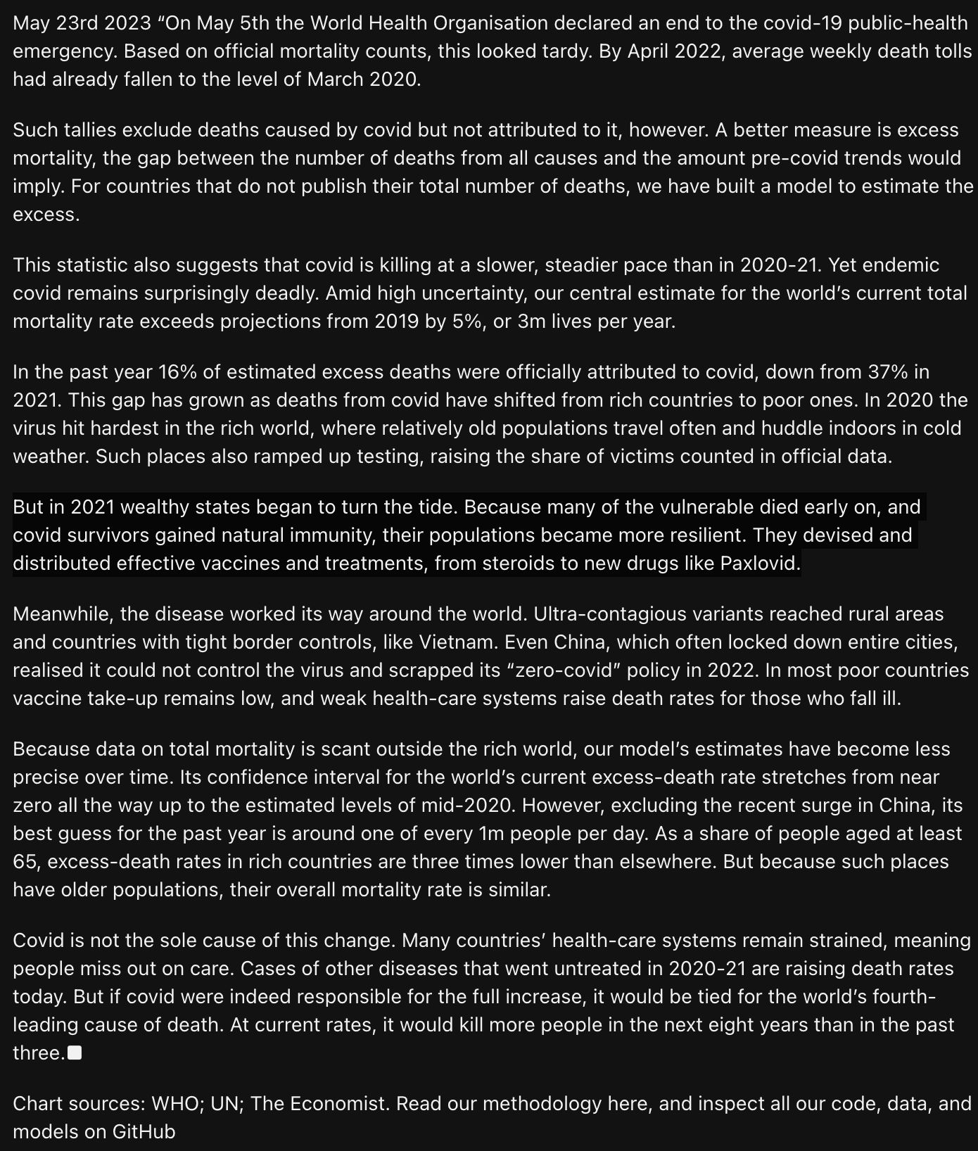 Artikle Text Screenshot https://www.reddit.com/r/Coronavirus/comments/13w036v/our_model_suggests_that_global_deaths_remain_5/