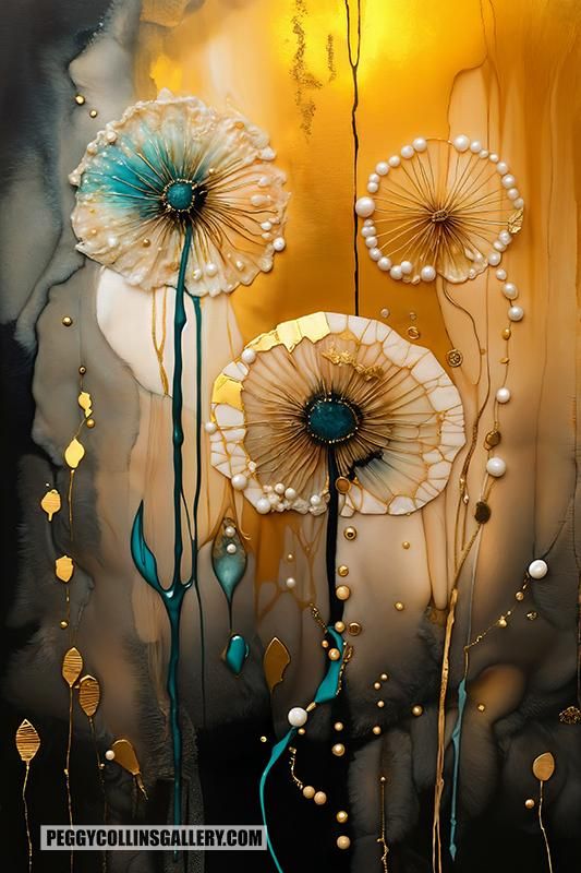 Abstract artwork of three dandelions gone to seed with seed pearls and turquoise embellishments on a background of gold, gray, black and white, by artist Peggy Collins.
