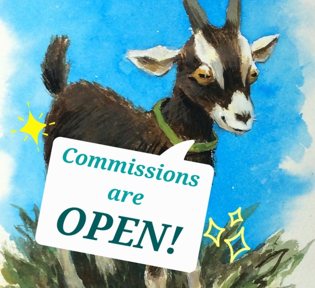 Painting of a goat in gouache with a speech bubble that says "Commissions are open!"