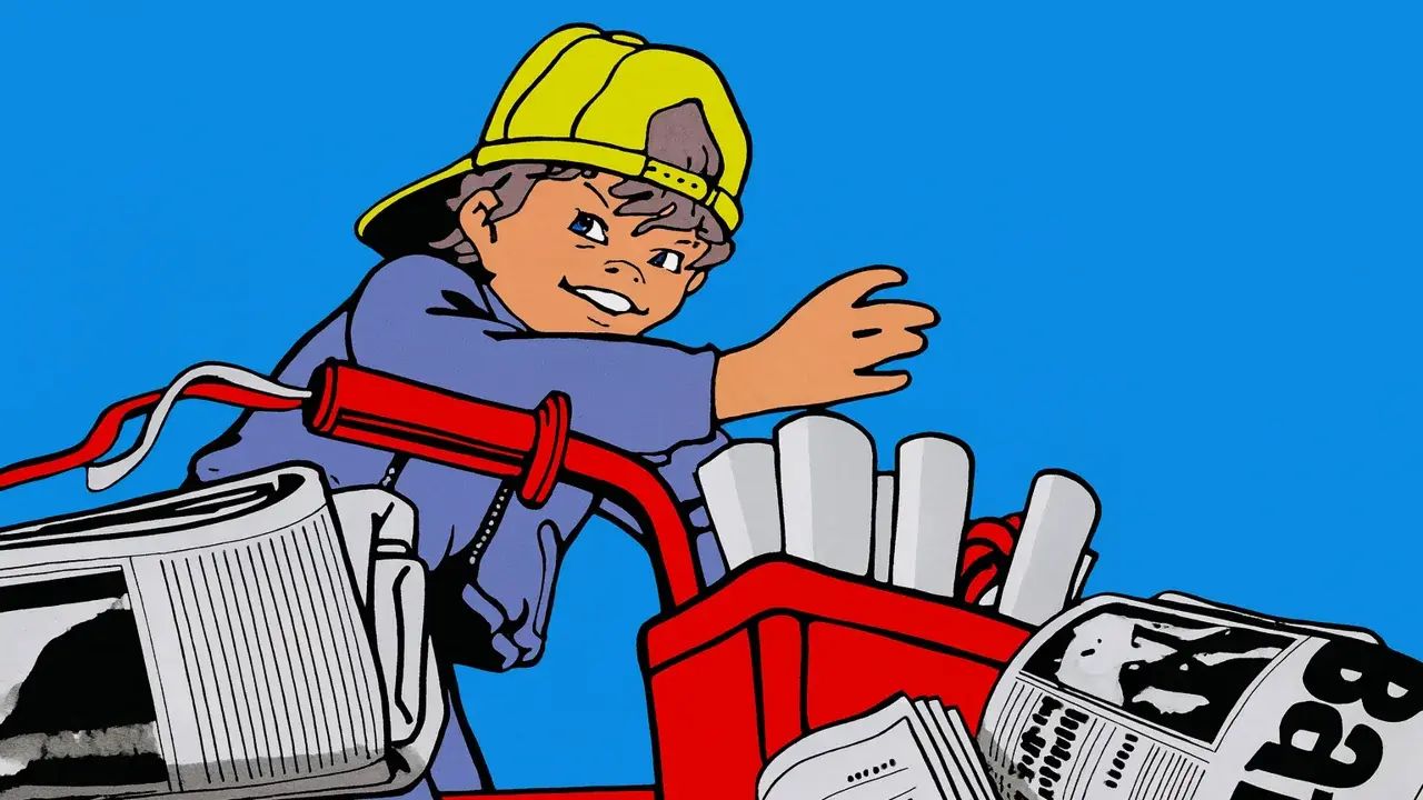 Un ragazzo in bicicletta, vestito con una felpa blu e un cappellino giallo, sorride mentre distribuisce giornali. Nella cesta della sua bicicletta si possono vedere diverse copie di giornali e una radio. Sullo sfondo c'è un cielo blu.