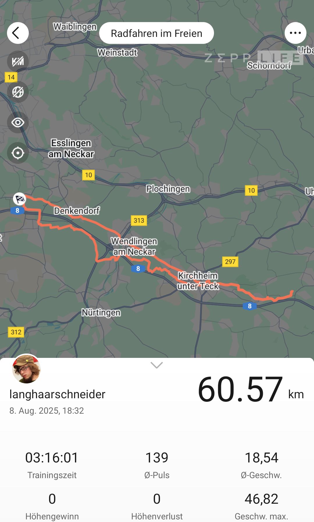 Screenshot der Fahrradtour. 