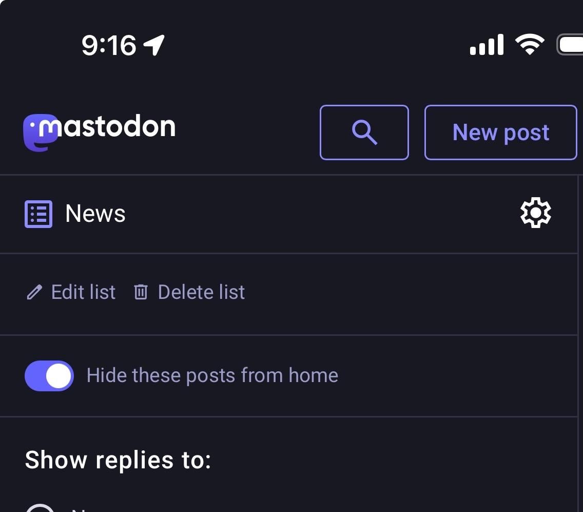 Screenshot of the Mastodon settings for a list named News. The option to “Hide these posts from home” has been toggled on.