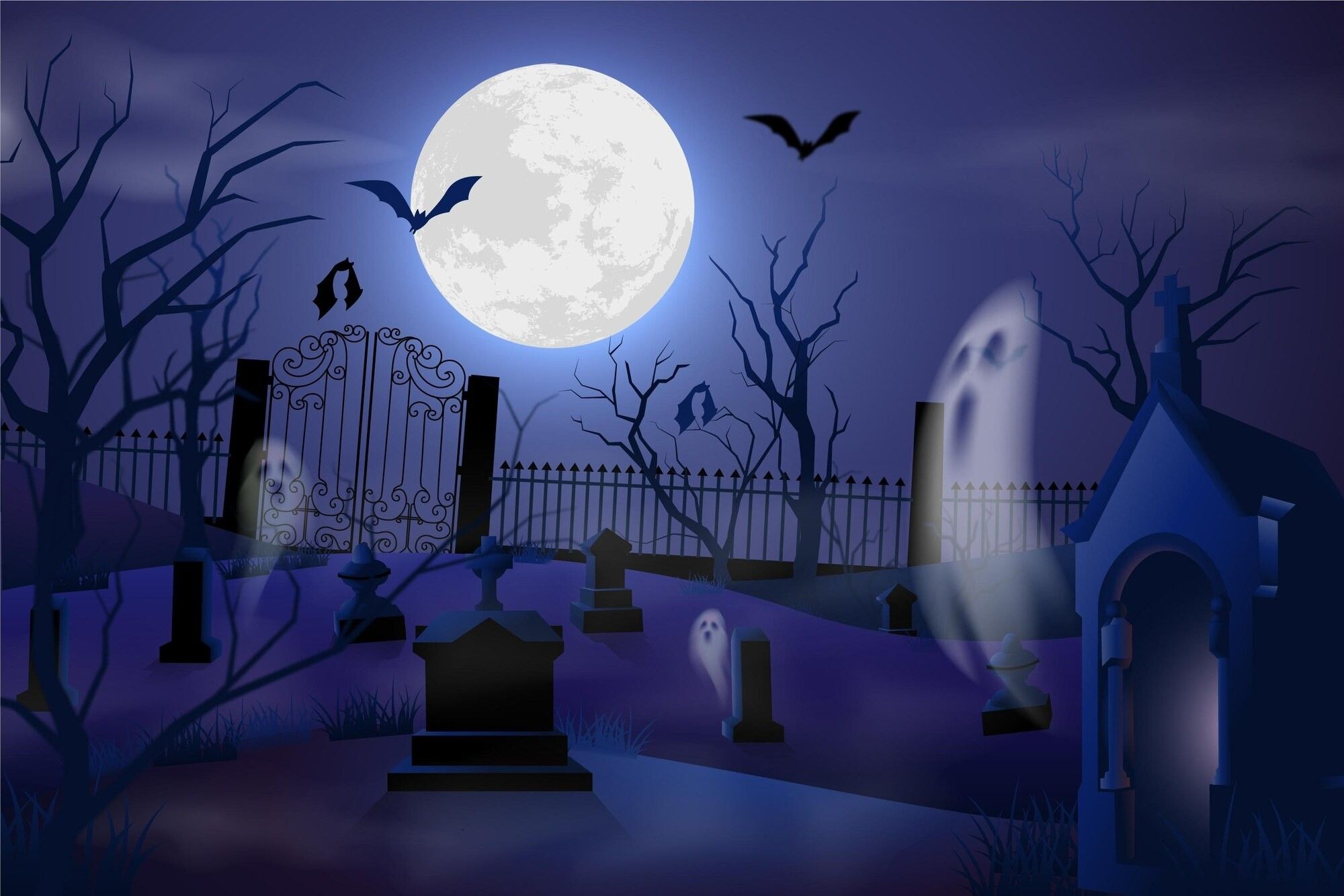 Some cartoon ghosts get their freak on in a graveyard while bats flit past a full moon