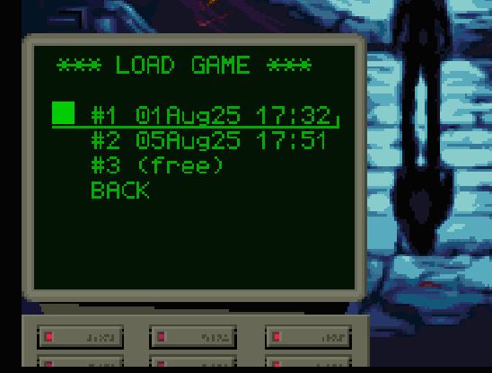 Title screen's menu showing the load options with the available load slots with the last save date.