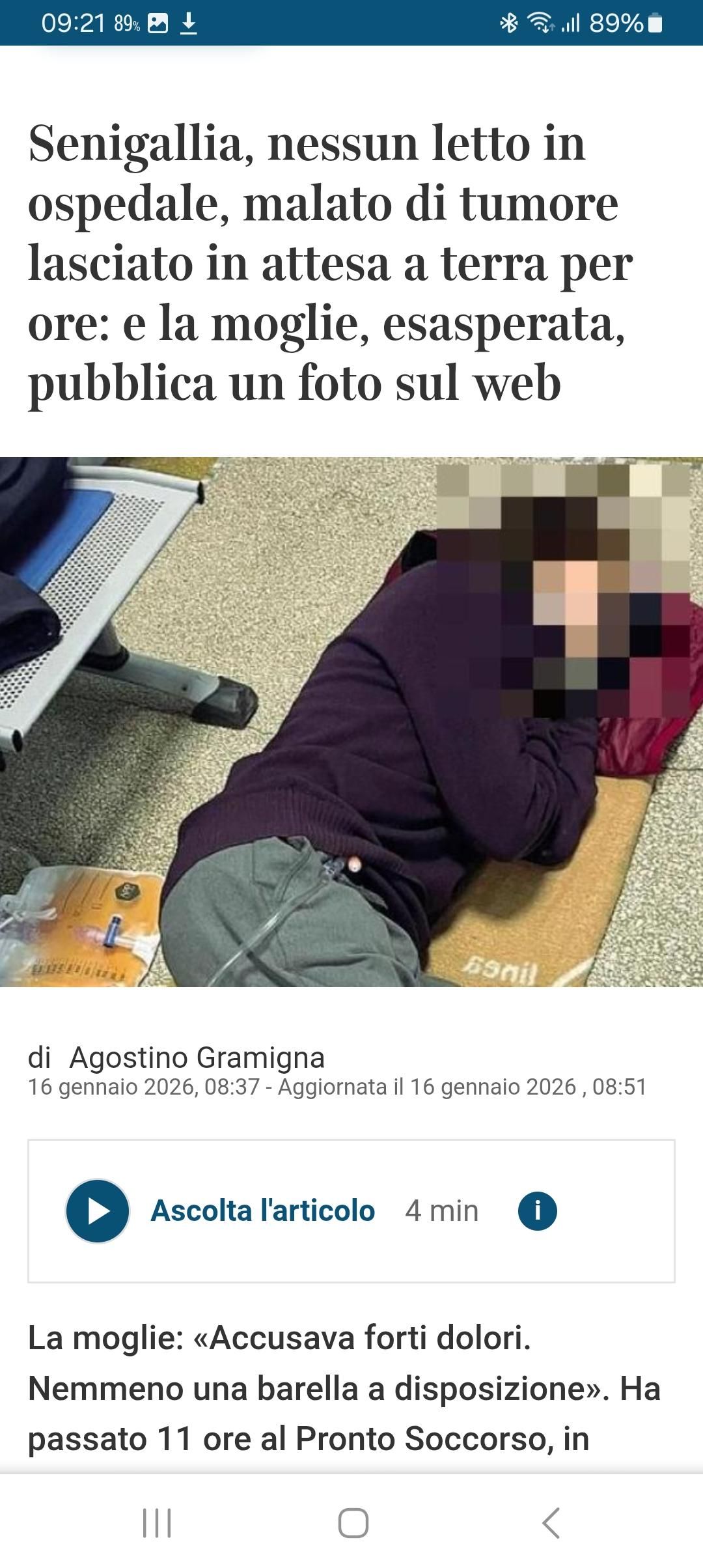 Senigallia, malato di tumore lasciato in attesa per terra 