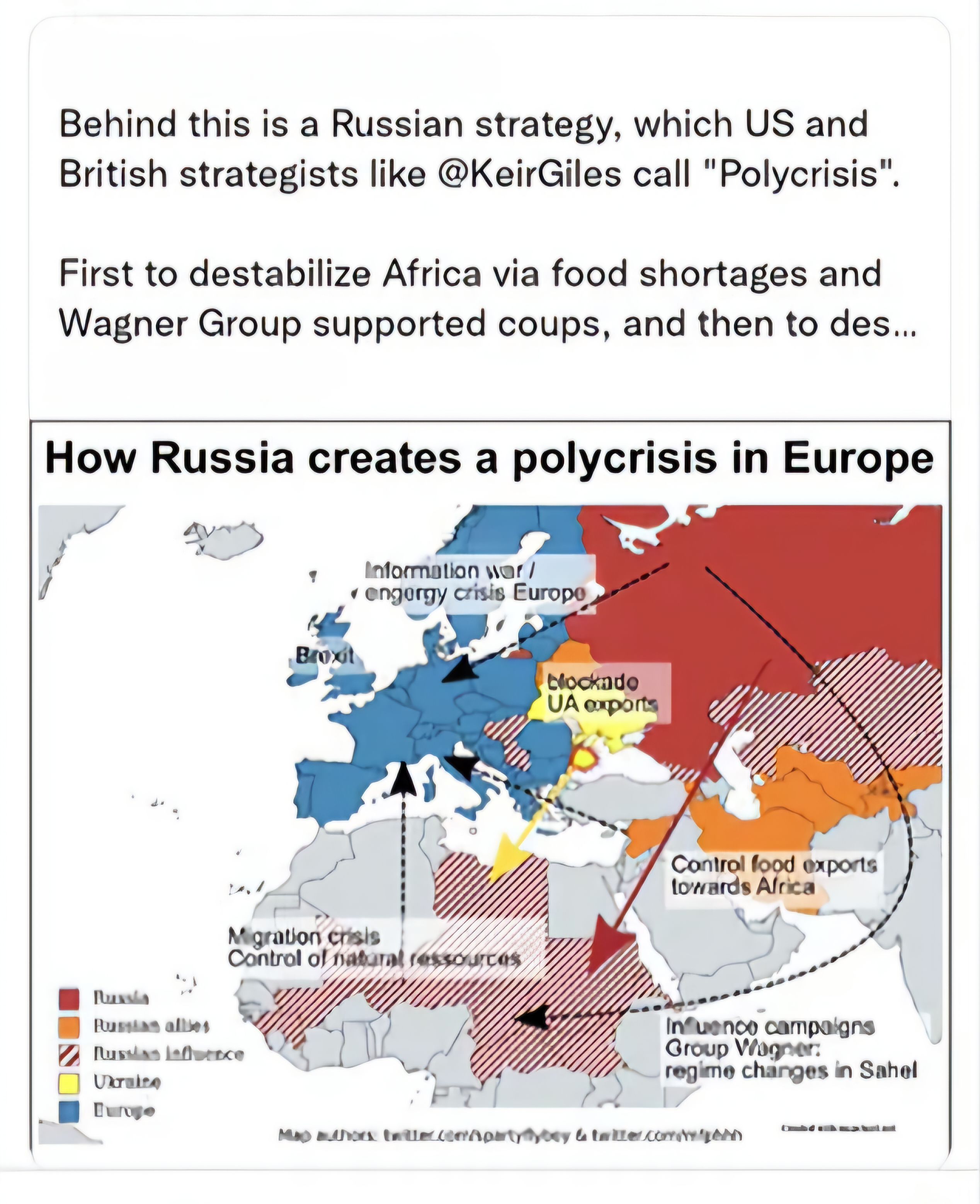Behind this is a Russian strategy, which US and British strategists like @KeirGiles call "Polycrisis".

First to destabilize Africa via food shortages and Wagner Group supported coups, and then to des...

How Russia creates a polycrisis in Europe

#EuropeanUnion #eu #uk #Deutschland #France #Italy #Spain #Baltics #nato #England #usa