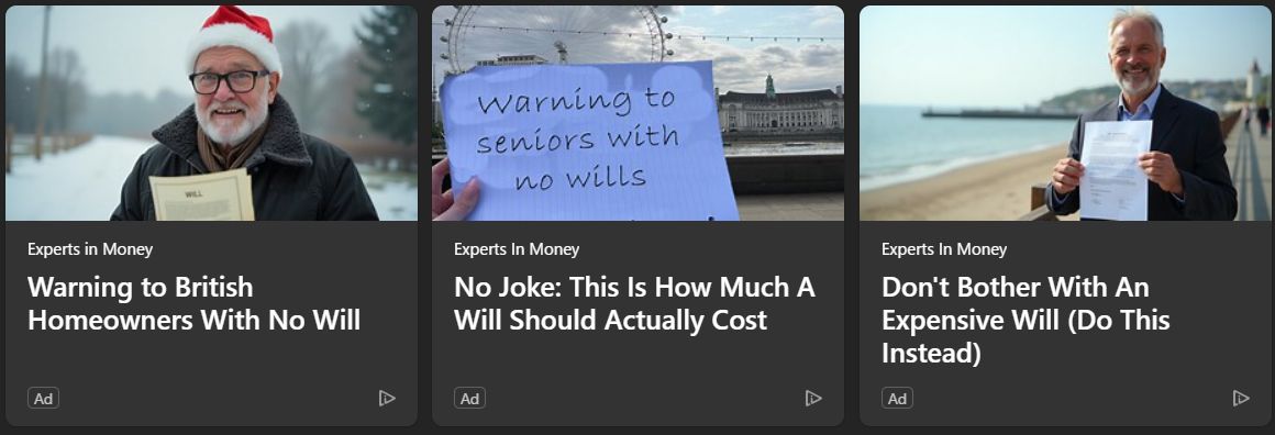 three separate ads for some company that presumably will write a will for you, same as that "WARNING TO SENIORS WITH NO WILL" ad before. they're all right next to each other, on the same page.