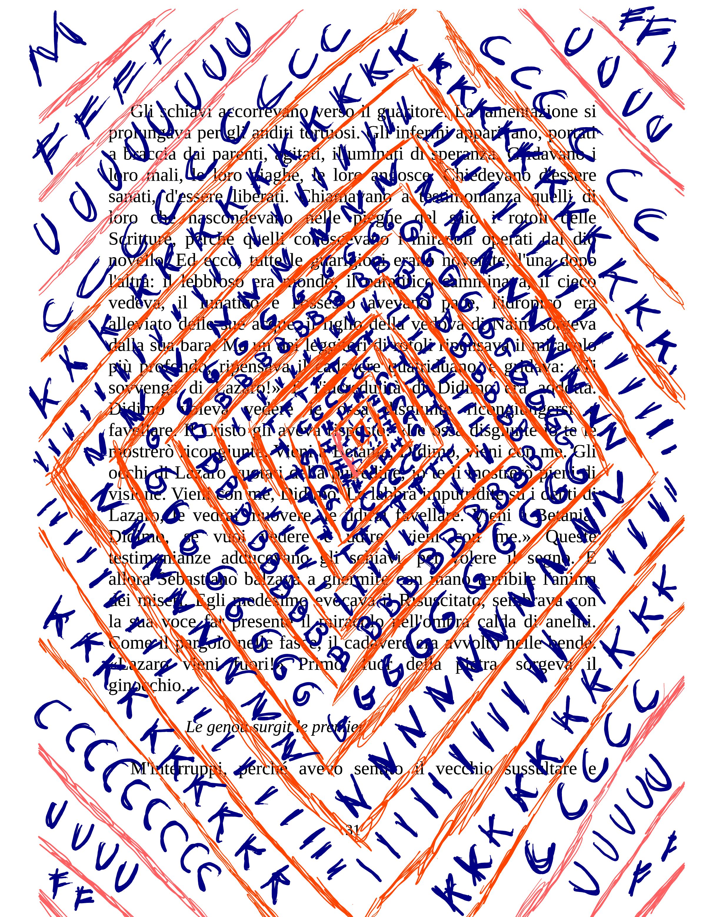 Pagina di D'Annunzio con sopra rombi rossi e lettere f u c k i n g b i t c h 