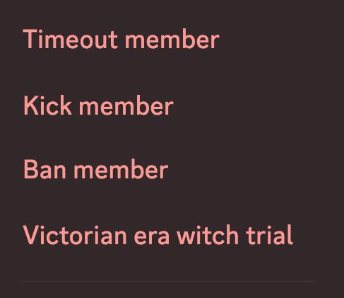 a screenshot of discord context menu showing menu options

Timeout member, Kick member, Ban member, and Victorian era witch trial

