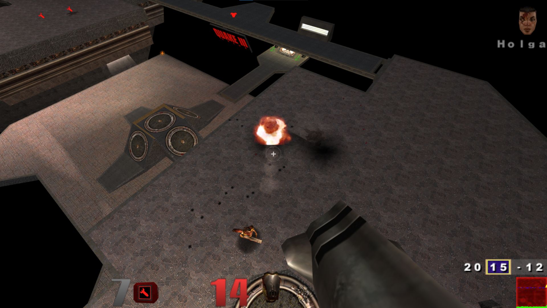Screenshot of in-game quake with a player looking down on a situation where a rocket launcher just exploded. 