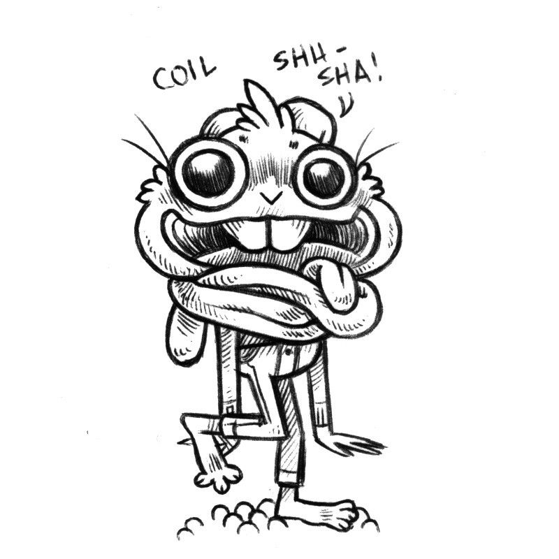 an ink drawing of a cartoony humanoid rabbit named Coil, who's own ears are wrapped around themself. Their eyes are big and round and open, with one being larger than the other. Their mouth is open, revealed 2 prominent front teeth. They are standing on one leg, posing while saying "SHH-SHA!" a-la Dale Gribble.