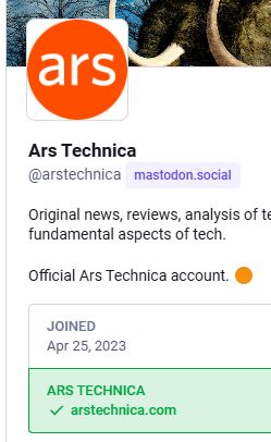 Cropped screenshot of Ars Technica's profile as viewed from mastodon.social. It is clearly verified.