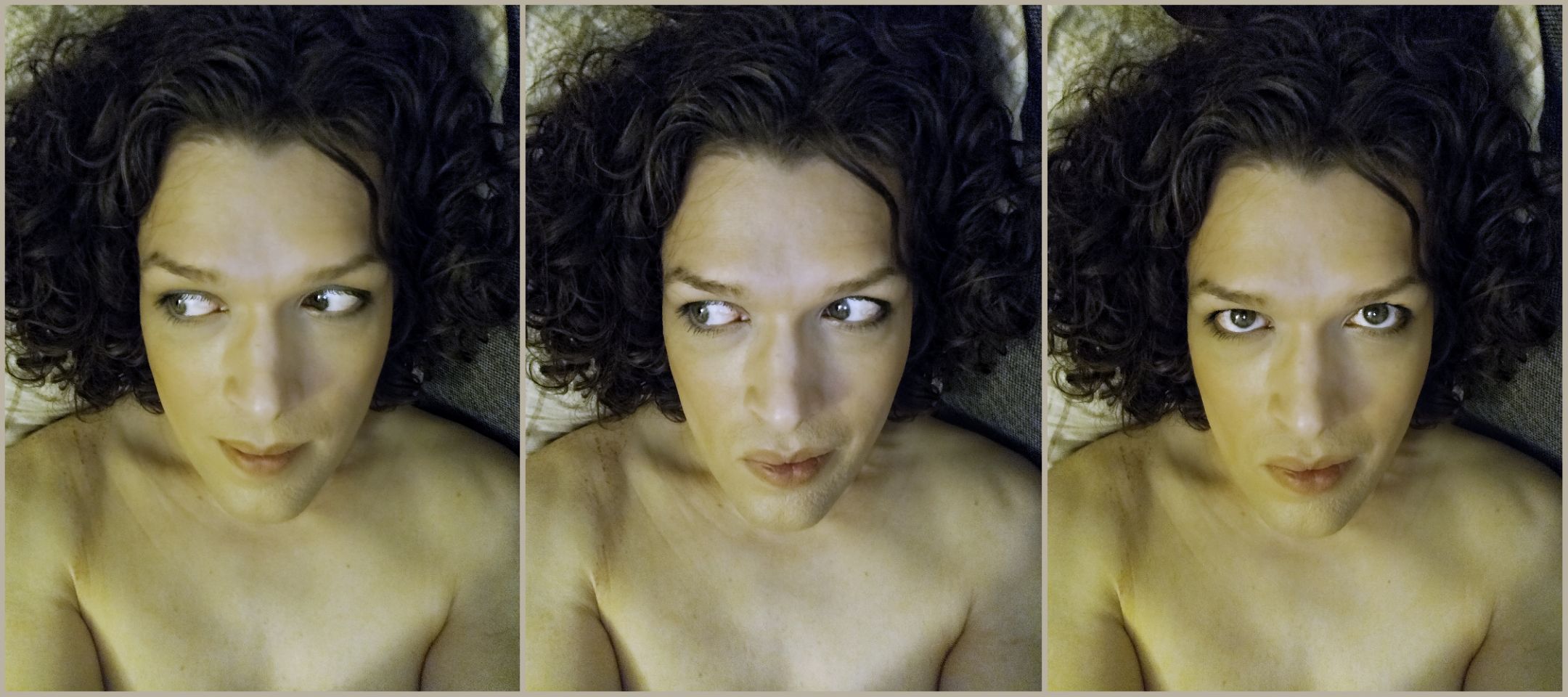 three selfies of me lying on my back.
1. smiling softly and looking to the left
2. pursing the smile, still looking to the left
3. giving you an intense look