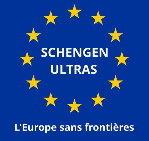 European Flag containing the Term "SCHENGEN ULTRAS" inside the circle of the stars and Text "L`Europe sans frontières"
