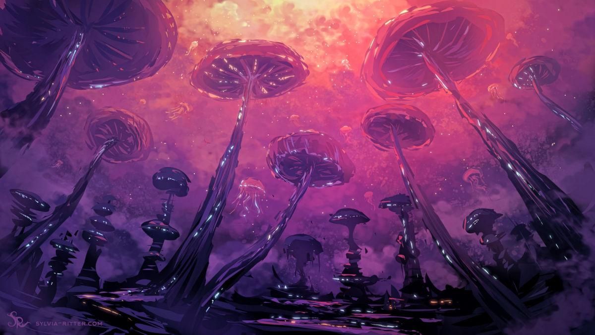 A sci-fi city (blue, purple, pink, orange, yellow) with mushroom architecture and jellyfish spaceships. It is a busy night. Everybody is preparing for the big event at the end of this cycle.

https://www.deviantart.com/sylviaritter/art/Speedpainting-19122025-1277012397
