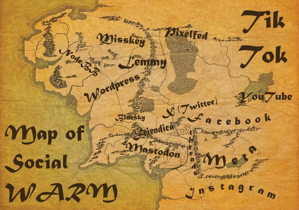 Mappa della Terra di Mezzo con i nomi delle piattaforme di Mordor da una parte e dei software del Fediverso dall'altra (Sì: Bluesky è a Isengard...)
