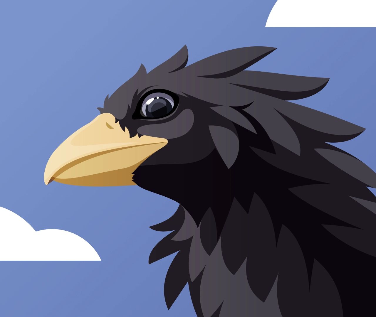 Vector art of a black bird with a yellow beak, viewed from slightly below. you can only see the head and neck. It looks down at the viewer with a pale blue eye. There's a simple sky behind it.
