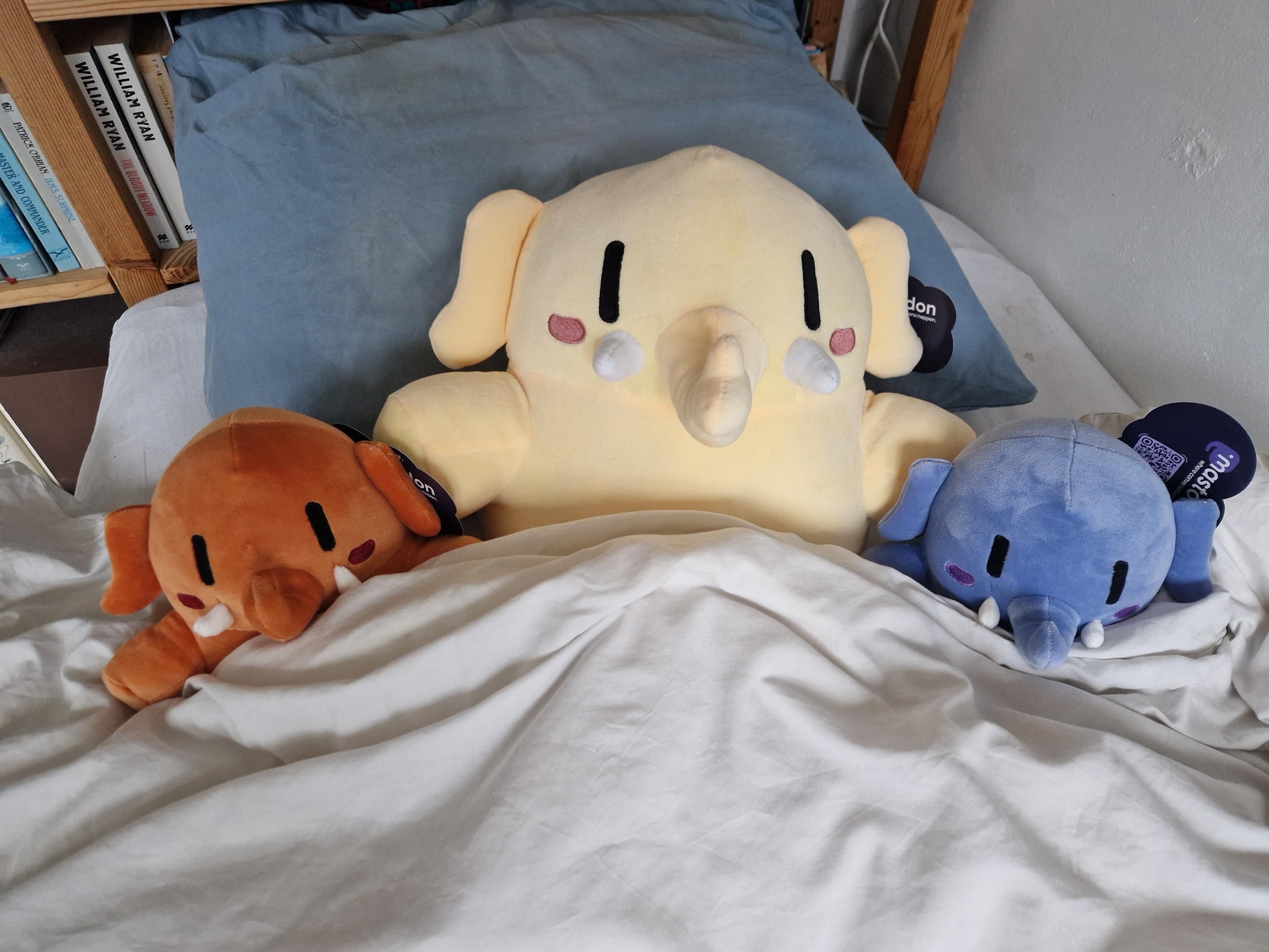 The three Mastodons, red, yellow and blue, together in a bed with a white cover and a blue pillow. At the back is a bookcase.