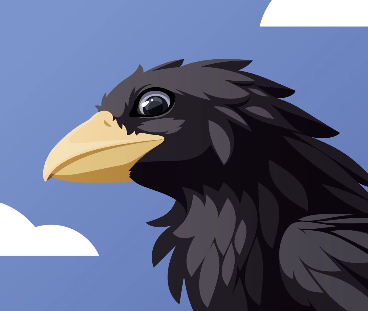 Vector art of a black bird with a yellow beak looking down at the viewer. You can only see the head and neck. There's a simplified blue sky with some clouds in the background.