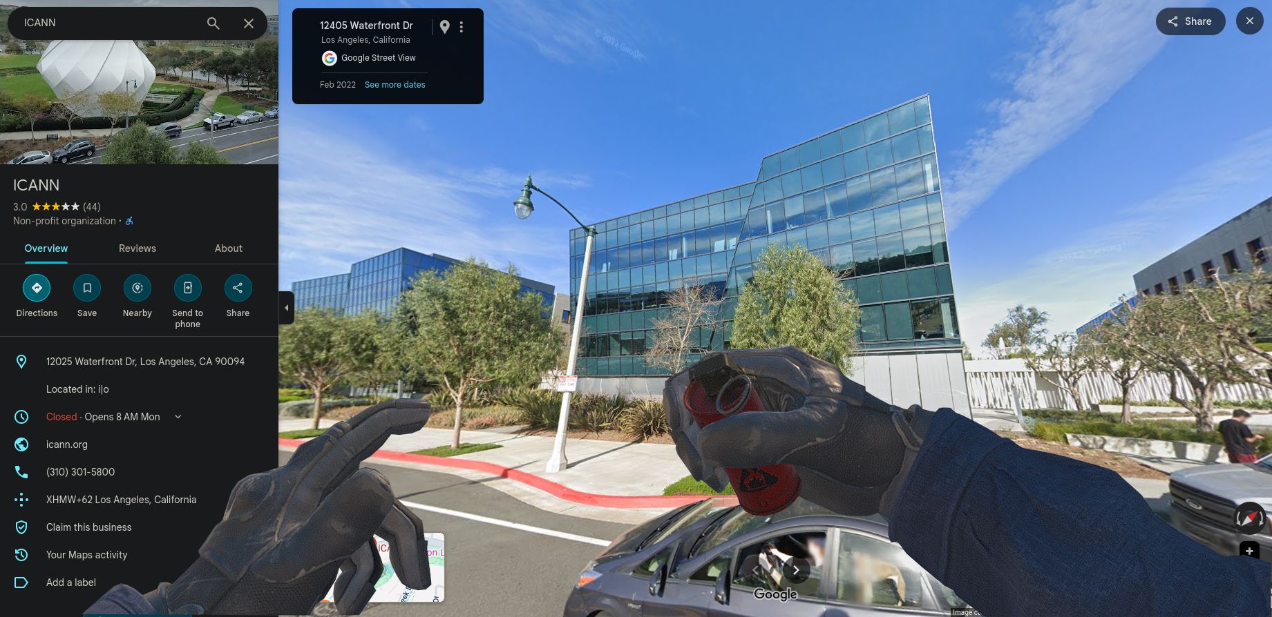 ICANN on google maps street view, with the cs2 molotov throwing viewmodel over top of it