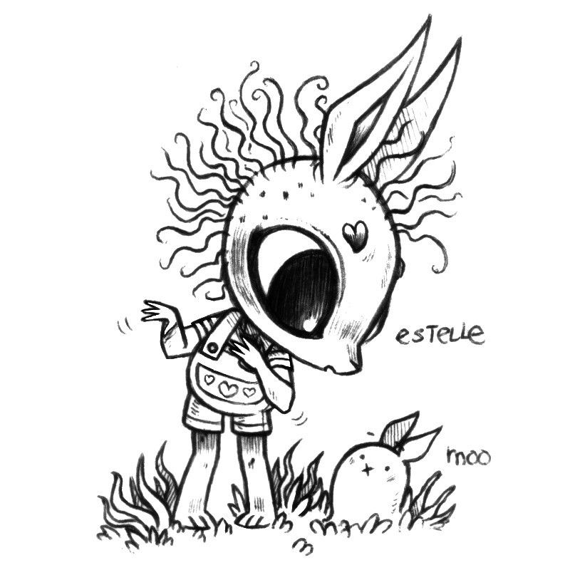 A drawing of a humanoid rabbit named Estelle. Their hair is very light and curly. They have very large eyes, heart-shaped eyebrows, and are wearing overalls with hearts on the front pocket. They are gesturing with their hands towards a little rabbit spirit in the grass.