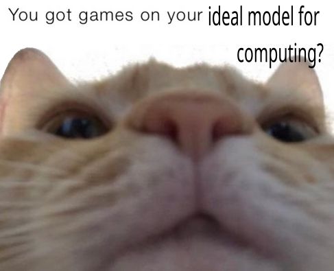 A cat looking down at you as if you're inside a box. The text above it reads, "you got games on your ideal model for computing?"