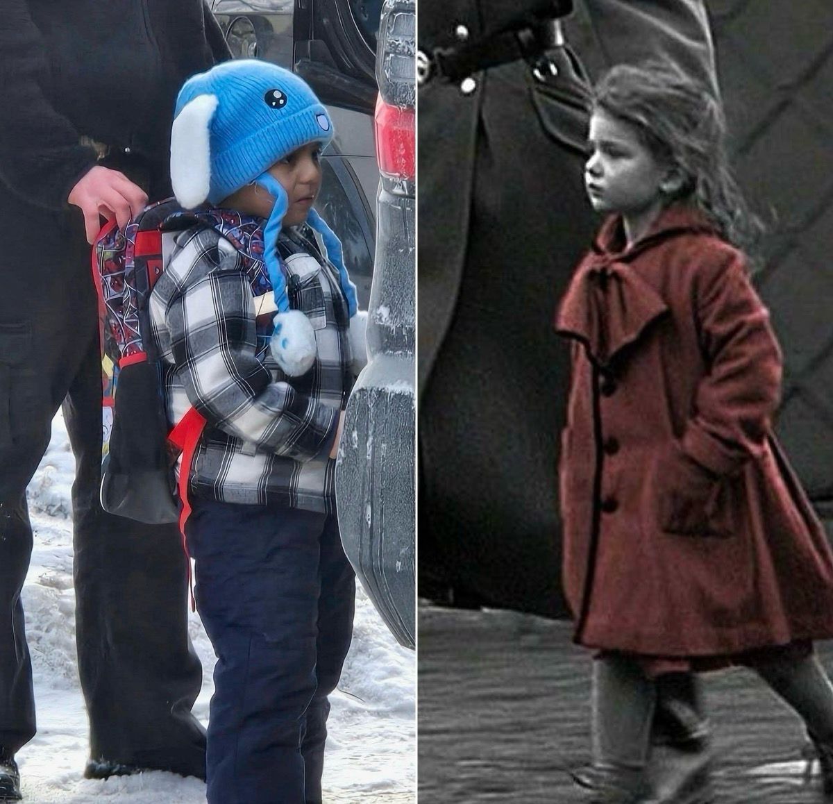 Two images side by side. On the left is a young boy wearing a blue winter cap being held by American ICE. He has been kidnapped to a detention facility. The color is naturally washed out revealing a stark blue. On the right is the girl in the red coat from Schindler's list. She is being kidnapped by a Nazi agent. The film is in black and white except for her stark red coat. 