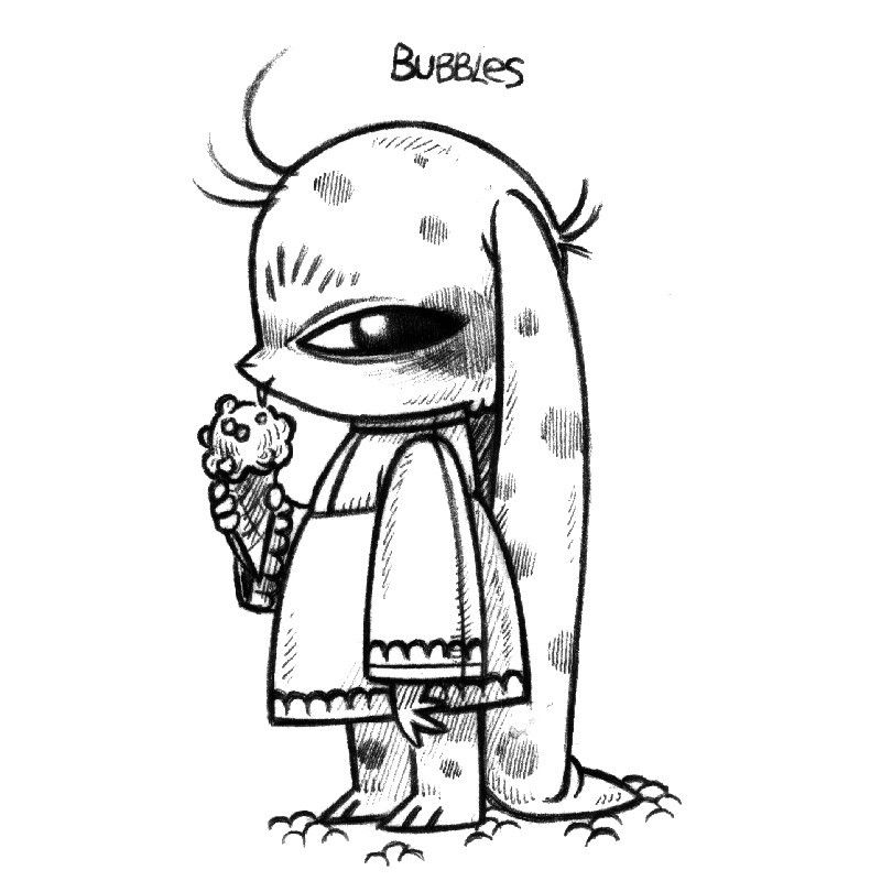 A drawing of a humanoid rabbit named Bubbles, wearing a dress, with ears reaching the ground, licking an ice cream cone.