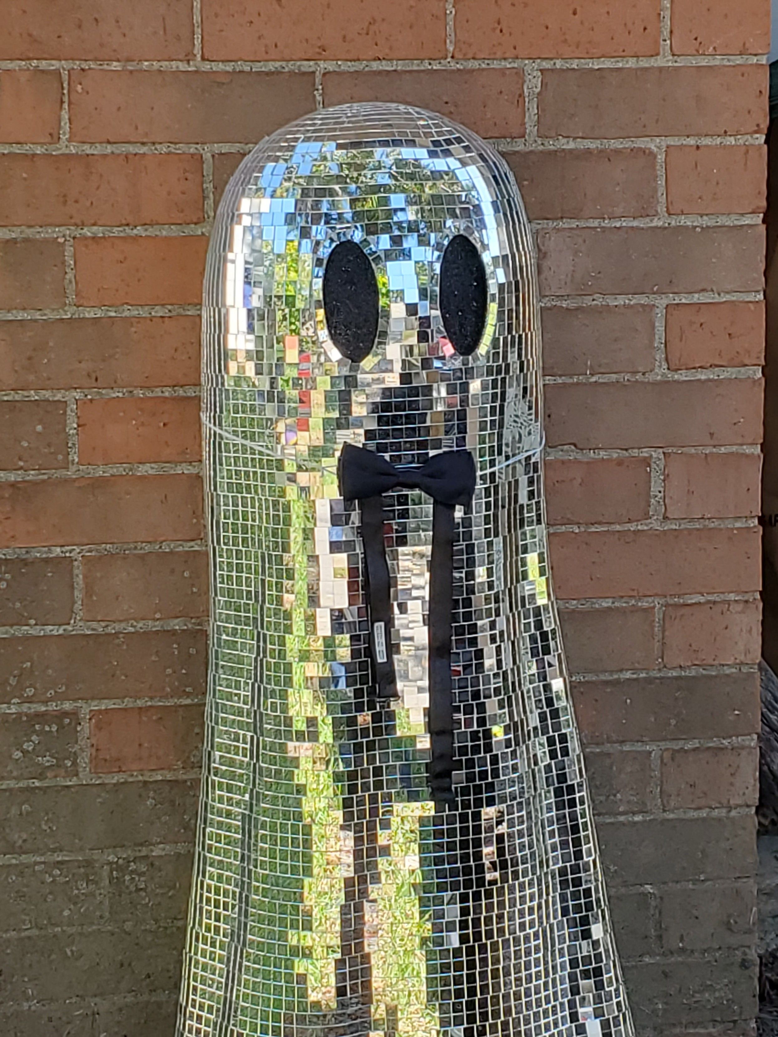 Sparkle wearing a black bowtie, candid against a brick wall.