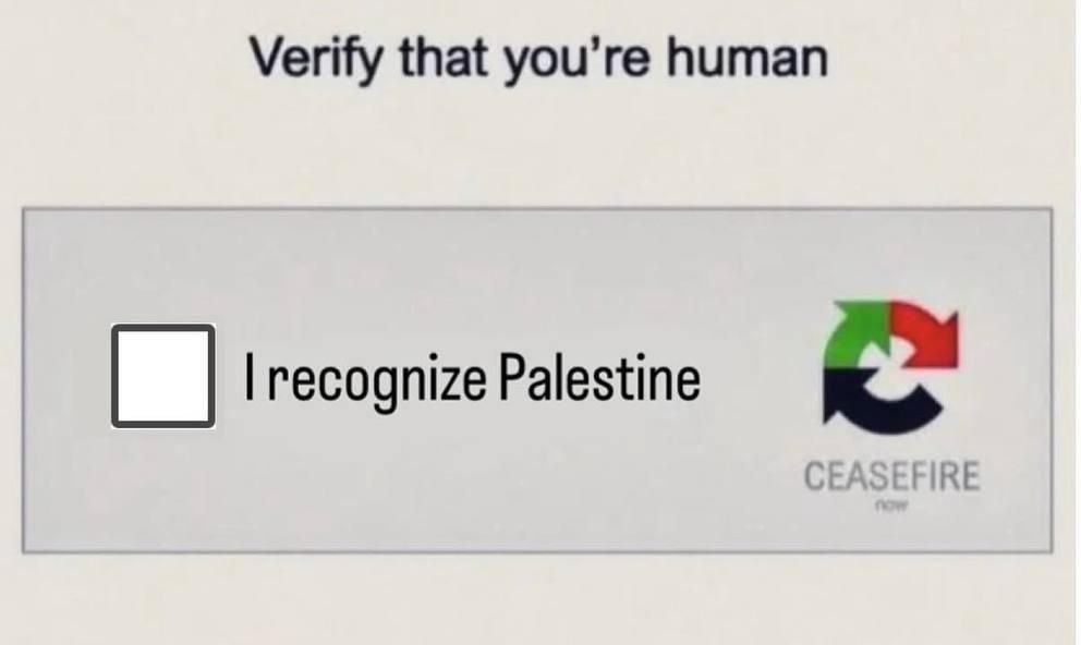 typical Captcha window with tic box and text:
﻿Verify that you're human

* I recognize Palestine 
CEASEFIRE now