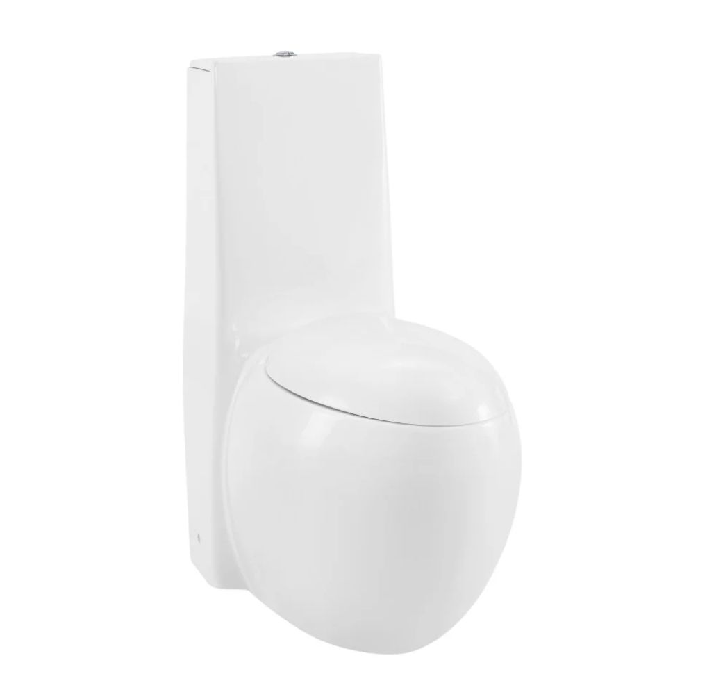 A very odd looking toilet. The bottom is completely round with what appears to be a small lid on top, and a very tall upright back. 