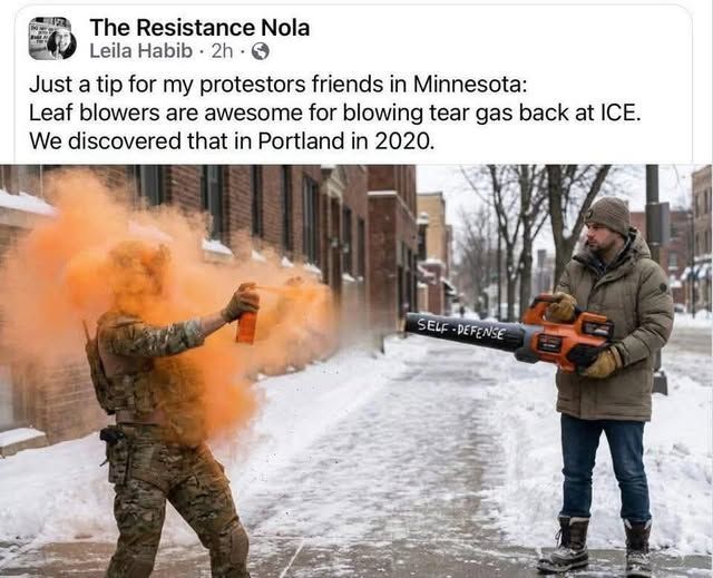 Minnesota man using leaf blower to blow a cloud of tear gas back at ICE thug.