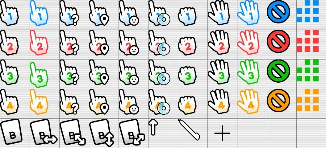 All 52 icons that are included in the set. There are several variations of the hand cursors for each player colour, as well as other supplementary icons.