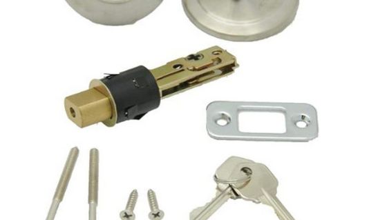 A deadbolt with the latch shown that just inserts into a cylindrical hole