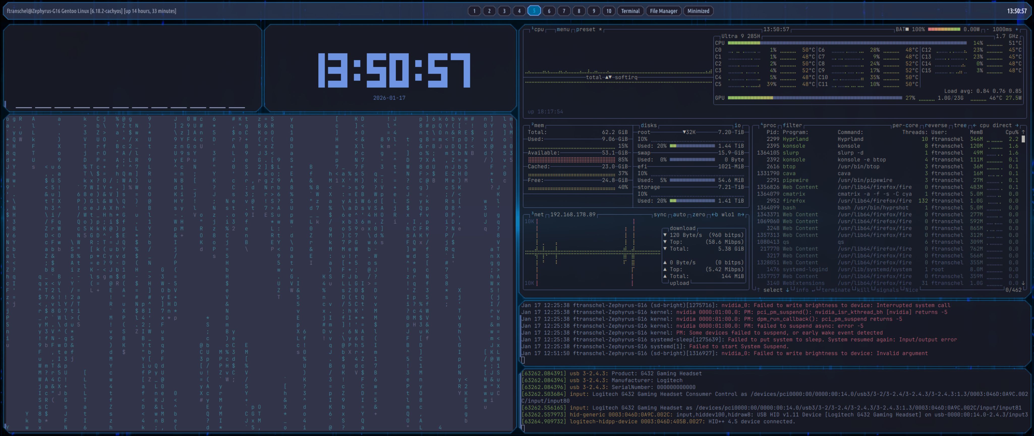 Screenshot of a #Hyprland #desktop - a stash workspace with lots of tiled windows showing system stats and a cmatrix output.