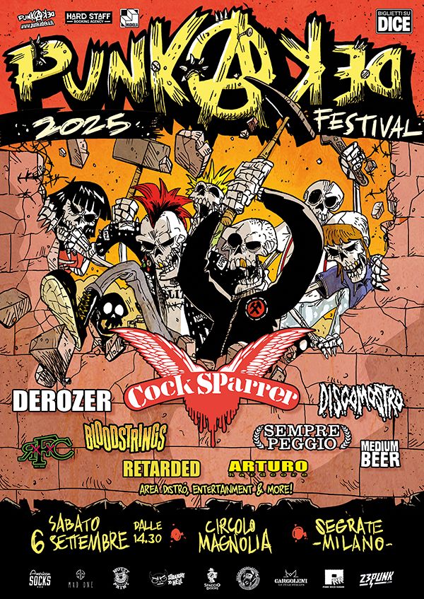 Poster verticale nero e bianco per il Punkx30 Festival 2025 con testi in caratteri grassetto punk; in cima il logo “Punkadeka 2025 Festival” seguiti dalla data “6 SETTEMBRE 2025” e dal titolo “Punkadeka 2025 Festival”. Elenca i gruppi DEROZER, Cock Sparrer, DISCOMOSTRO, BLOODSTRINGS, RETARDED, SEMPRE PEGGIO, MEDIUM, ARTURO BEER e altri. Infine la location “SABATO dalle 14.30 CIRCOLO SEGRATE MAGNOLIA – MILANO” con loghi di sponsor come American Socks, Mad One, Nut’s, Spaccio, CargoLeni, Z3Punk Records.