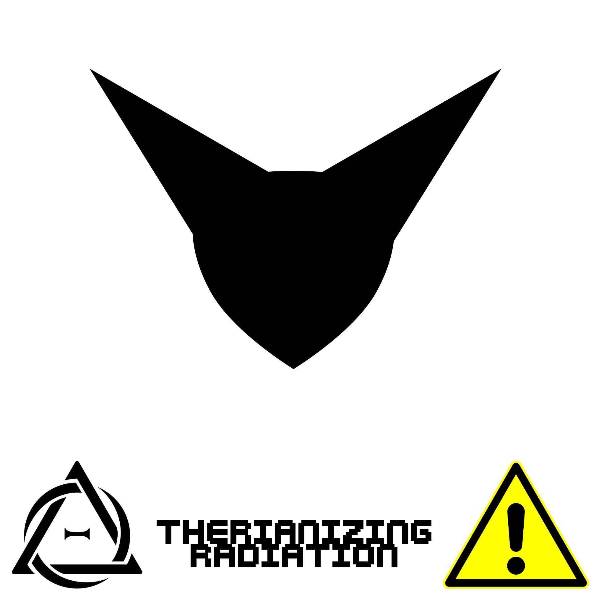 Song cover with therian symbol, "Therianizing Radiation," and the ! warning symbol on the bottom. My abstract pointy fennec fox head logo fills most of the image.