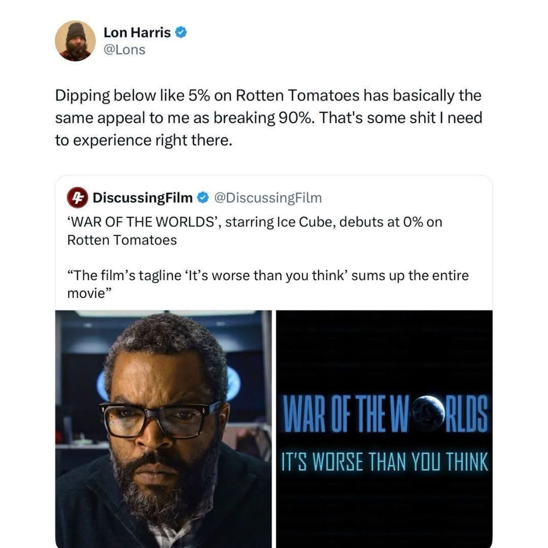 Lon Harris
@Lons
Dipping below like 5% on Rotten Tomatoes has basically the
same appeal to me as breaking 90%. That's some shit | need
to experience right there.


DiscussingFilm @DiscussingFilm
‘WAR OF THE WORLDS’, starring Ice Cube, debuts at 0% on
Rotten Tomatoes
“The film’s tagline ‘It’s worse than you think’ sums up the entire
movie”
