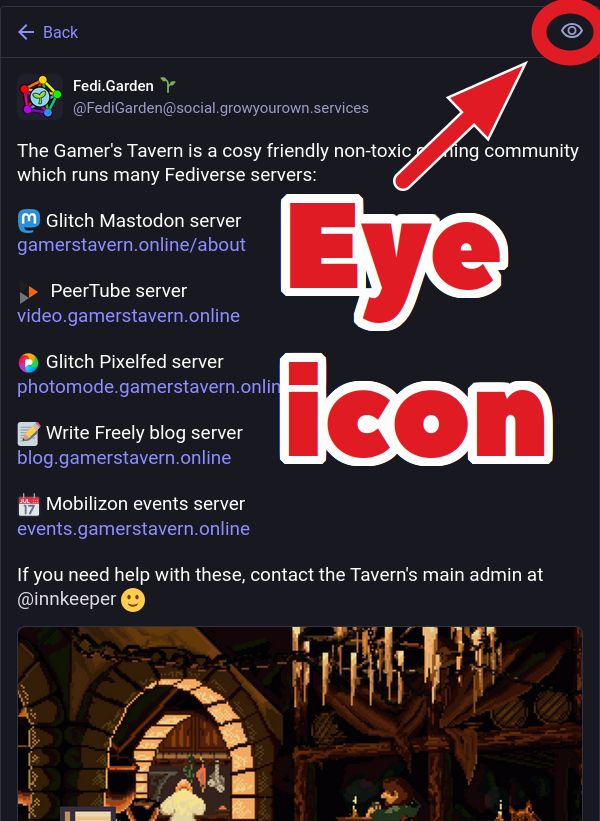 Screenshot of the first post in a thread viewed through Mastodon's web interface. In the top right corner there is an eye icon, and it has been highlighted with a circle, arrow and caption.