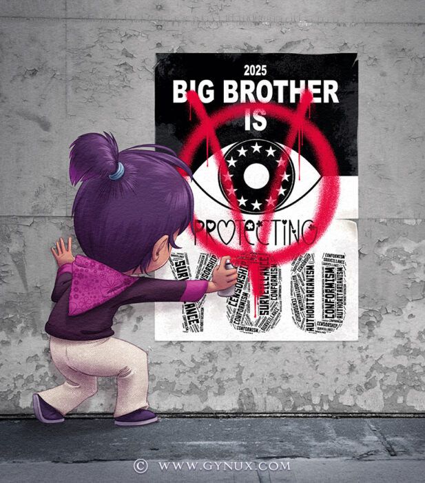 A character is drawing a red 'V' on a big brother poster on a street wall.