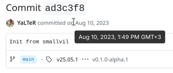 Screenshot from GitHub niri first commit dated "Aug 10, 2023, 1:49 PM GMT+3"