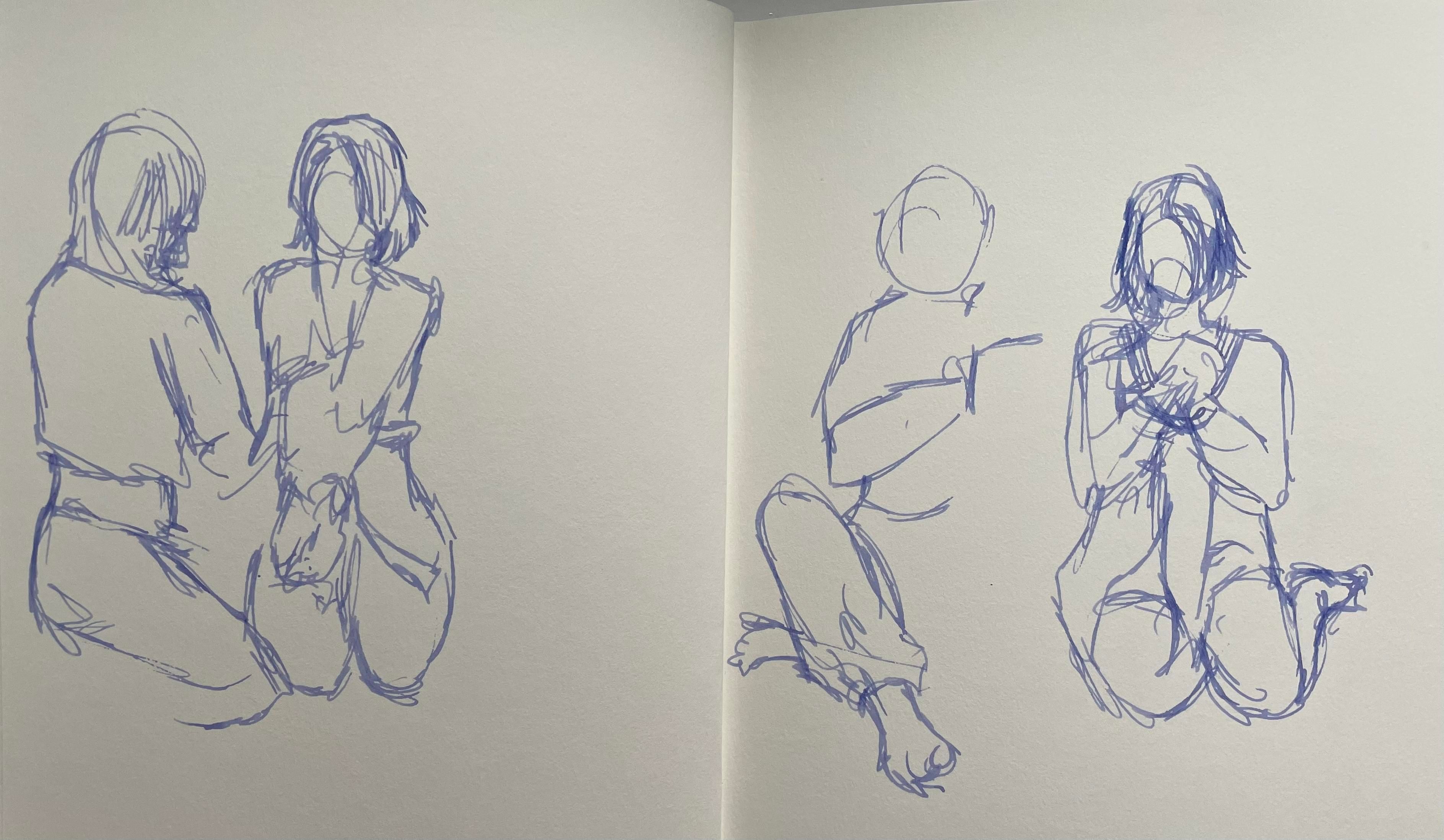 Gesture drawing of two figures in purple ink, one figure is kneeling next to the other in both drawings across a two page spread. 