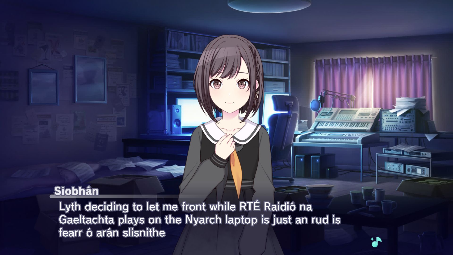 Project Sekai custom scene of Siobhán O'Dwyer (represented by an old sprite of Ena Shinonome) in an approximation of the room that Siobhán shares with Lyth. The dialogue box reads "Lyth deciding to let me front while RTÉ Raidió na Gaeltachta plays on the Nyarch laptop is just an rud is fearr ó arán slisnithe [the best thing since sliced bread]"