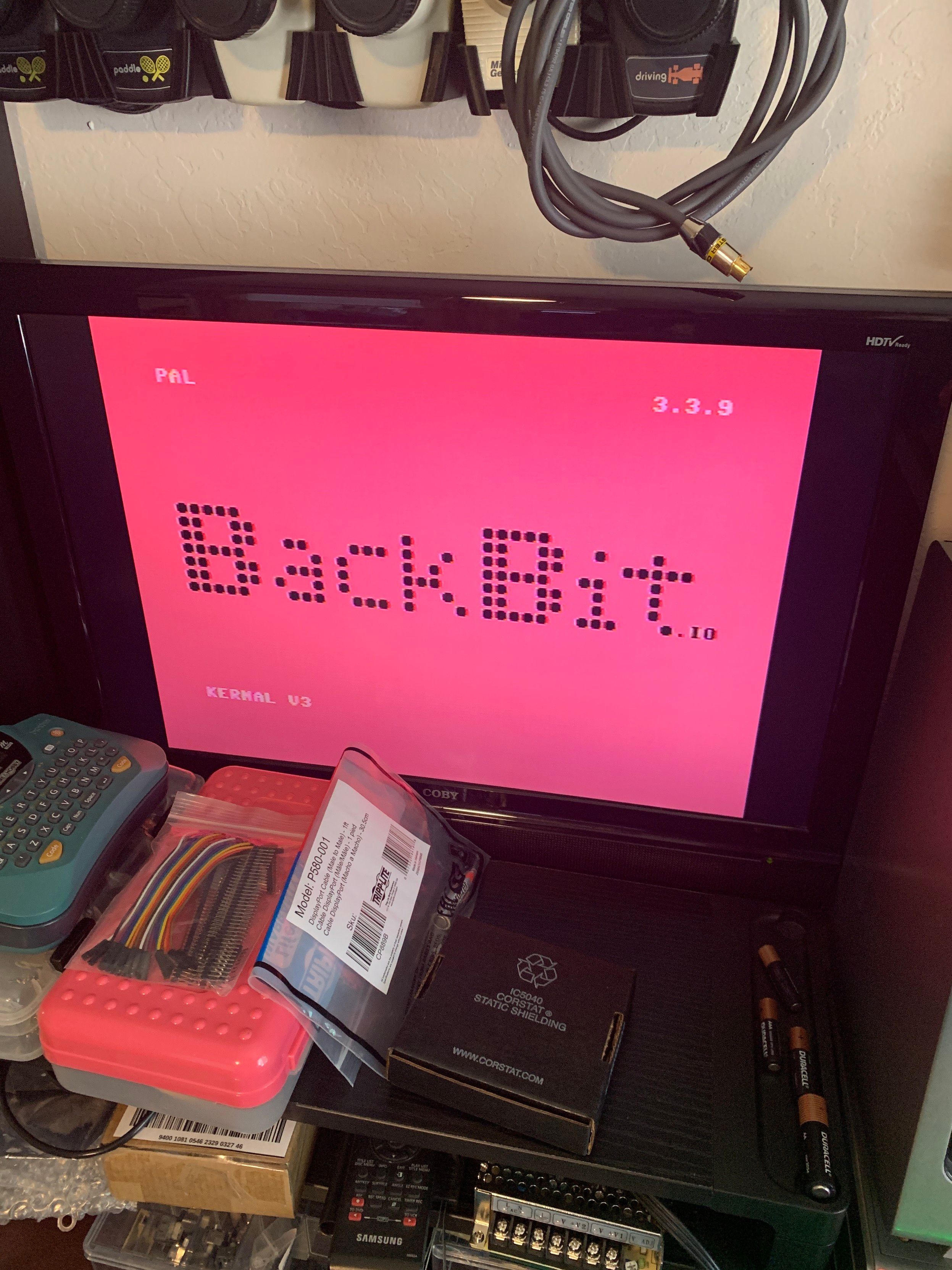 Commodore 64 output after a PAL conversion. Red screen from a Back it cartridge showing that it detects PAL correctly.